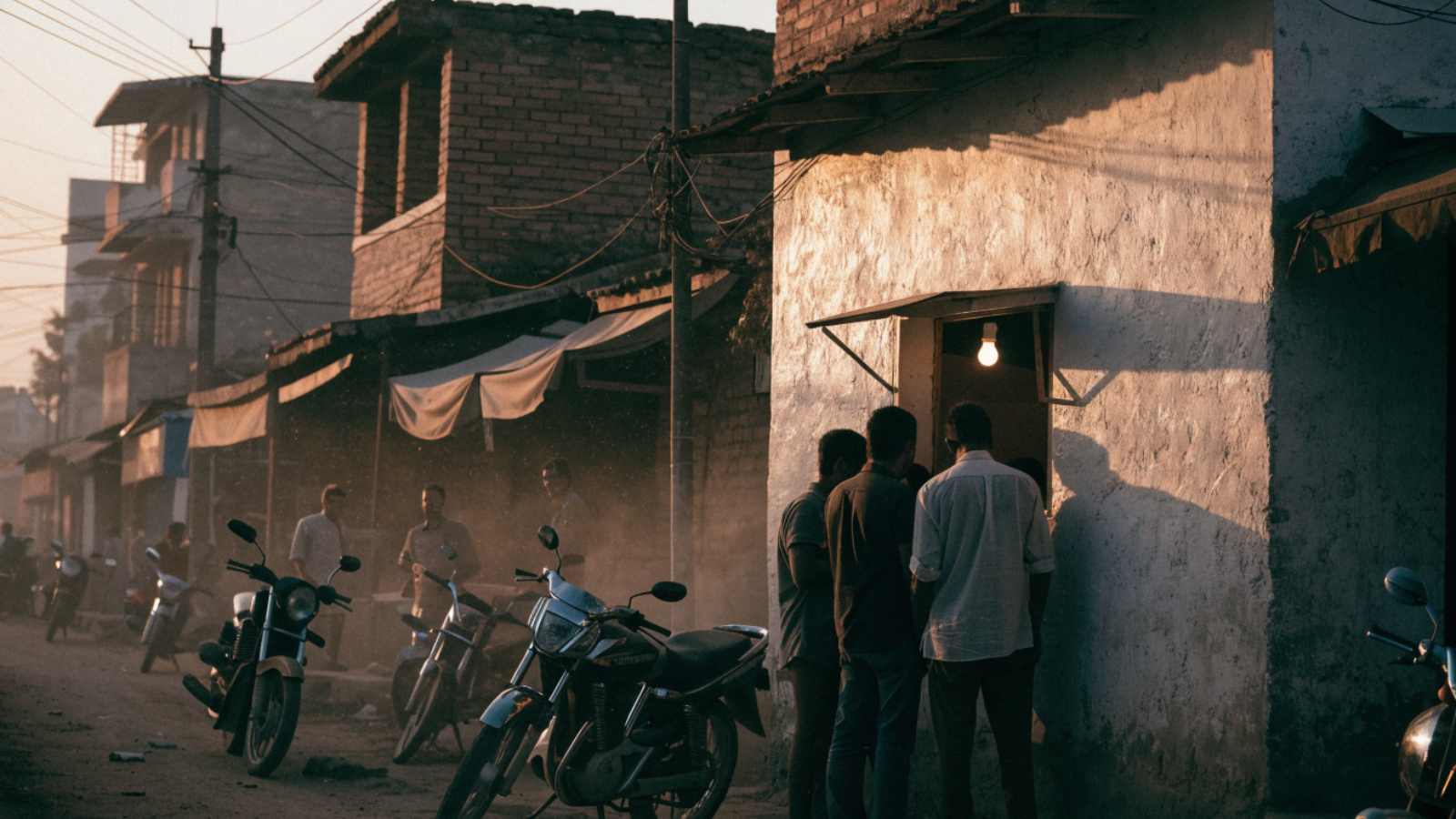 A modest standalone small-town Indian cinema with a few people at the ticket window at golden hour