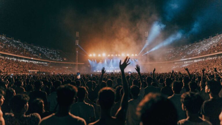 A vast night crowd with raised arms and phone lights facing a distant lit stage in an Indian stadium