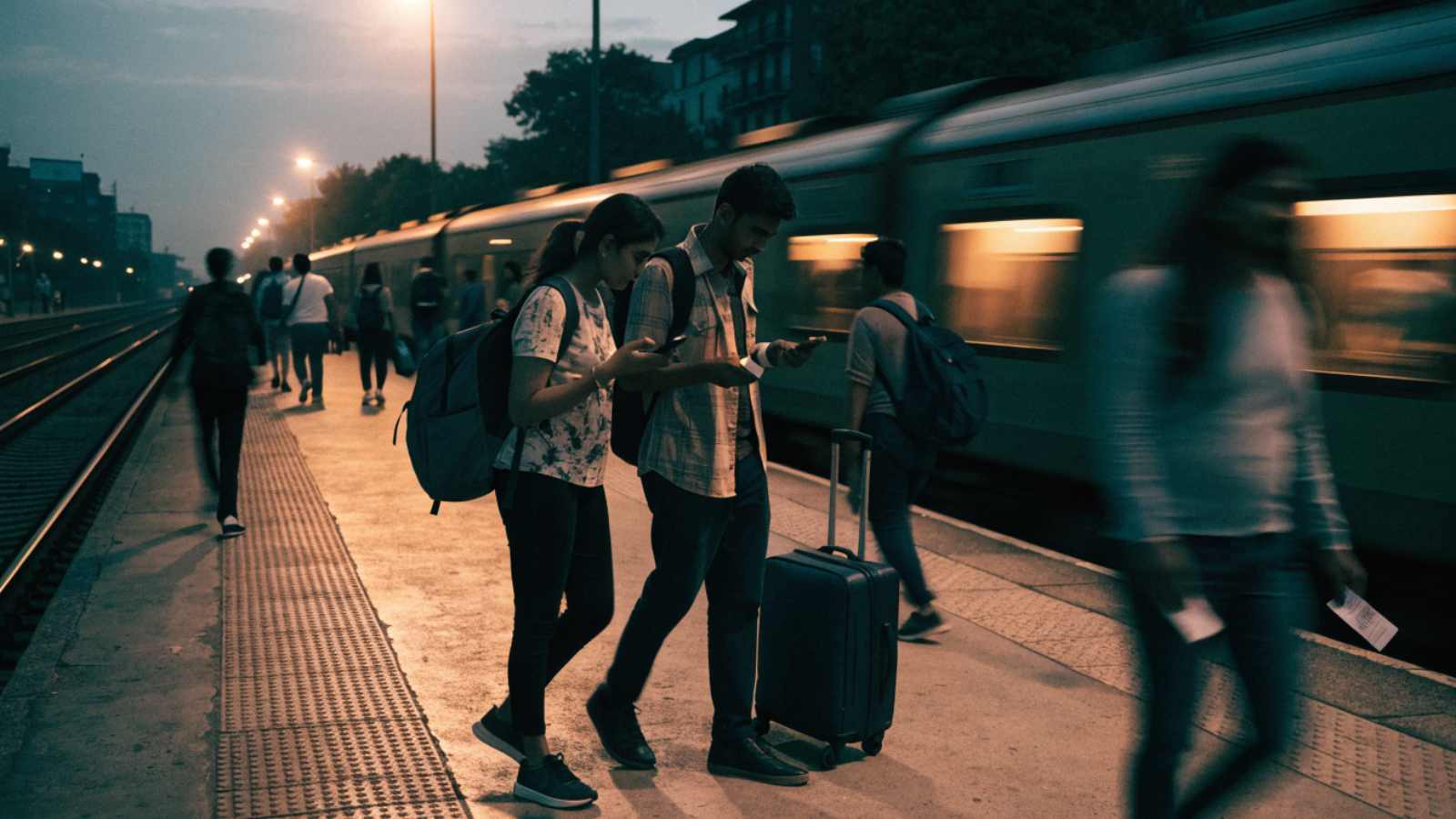 A young couple with backpacks and a suitcase arrives on an Indian railway platform at dusk to attend a show