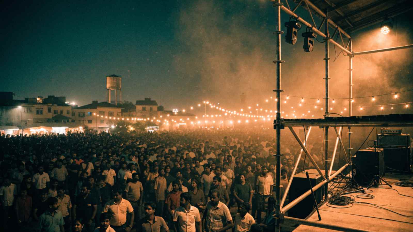 A dense crowd fills a small-city Indian concert ground at night under festival lights, a water tower on the skyline