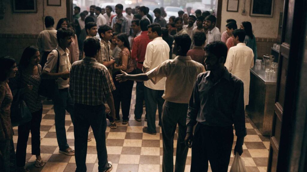 An animated crowd spilling out of a regional Indian cinema foyer into warm evening light