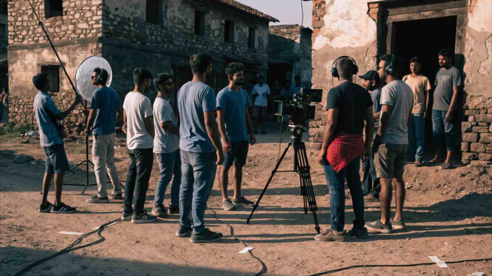 A compact film crew of about a dozen shooting on a dusty small-town street in late afternoon light