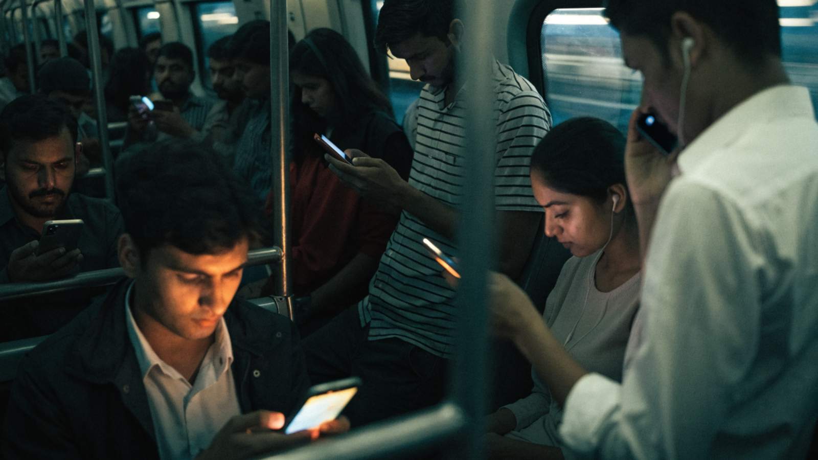 Commuters in a crowded Indian train carriage watching video on their phones in the evening