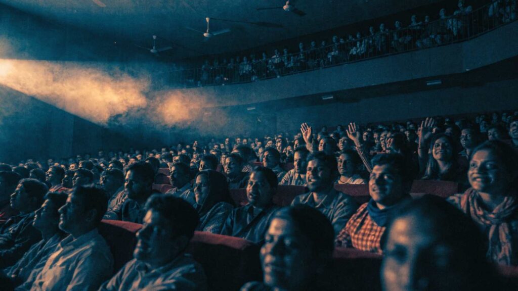 Hundreds of faces lit by the projector beam in a full Indian single-screen cinema
