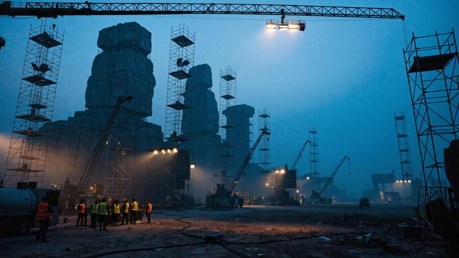 Enormous partially built stone sets and lighting cranes on a studio backlot at dusk