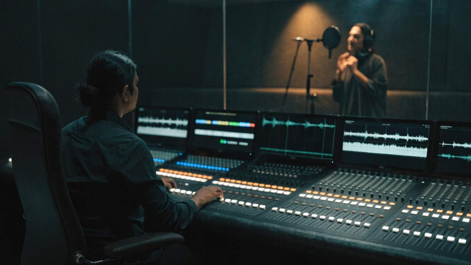 A sound engineer at a mixing desk while a voice artist records in the booth beyond the glass