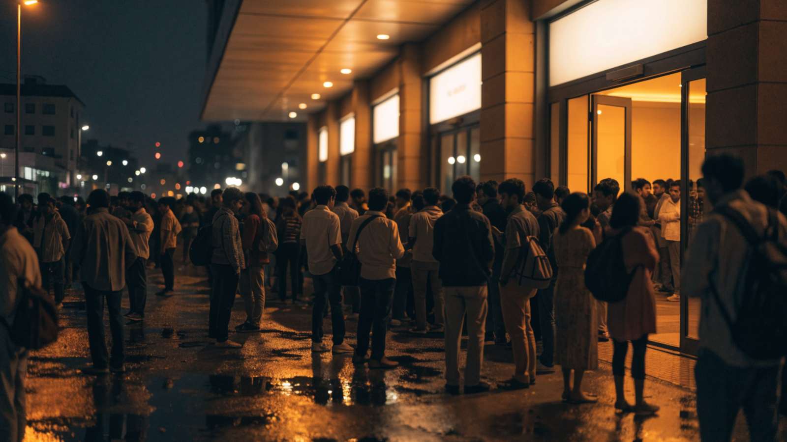 Families and friends queuing along a lit forecourt outside a large Indian cinema at night