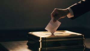 Hand dropping a ballot into a brass ballot box