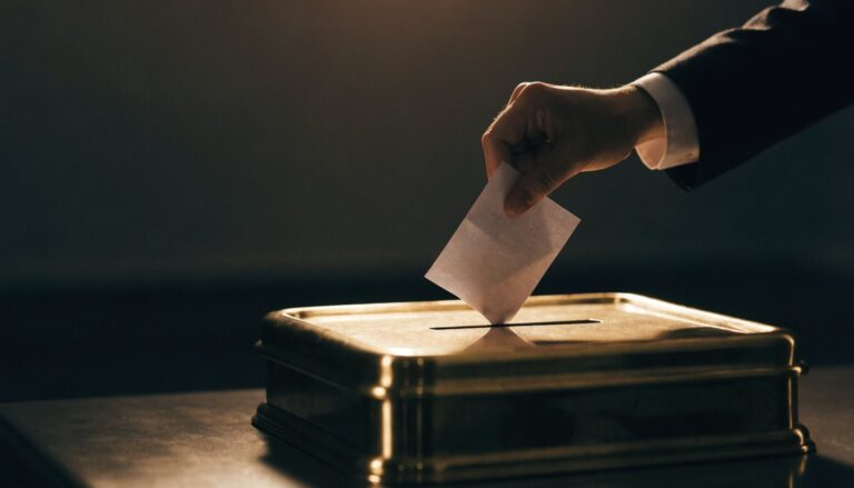 Hand dropping a ballot into a brass ballot box