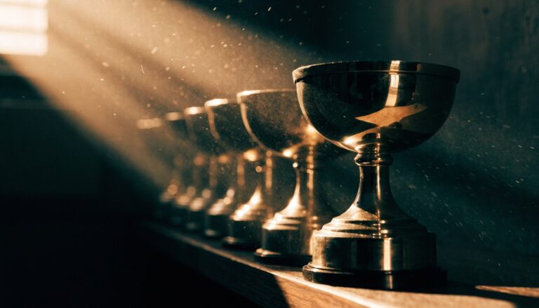 A row of gold trophies in a shaft of warm light