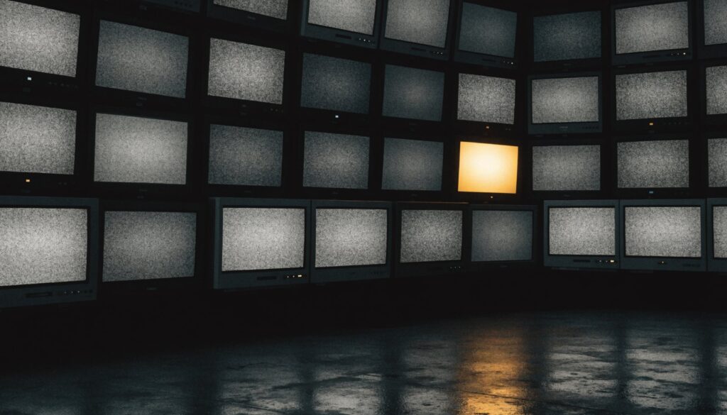 A wall of televisions showing static, one screen still glowing