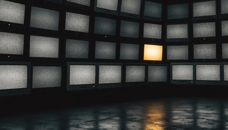 A wall of televisions showing static, one screen still glowing