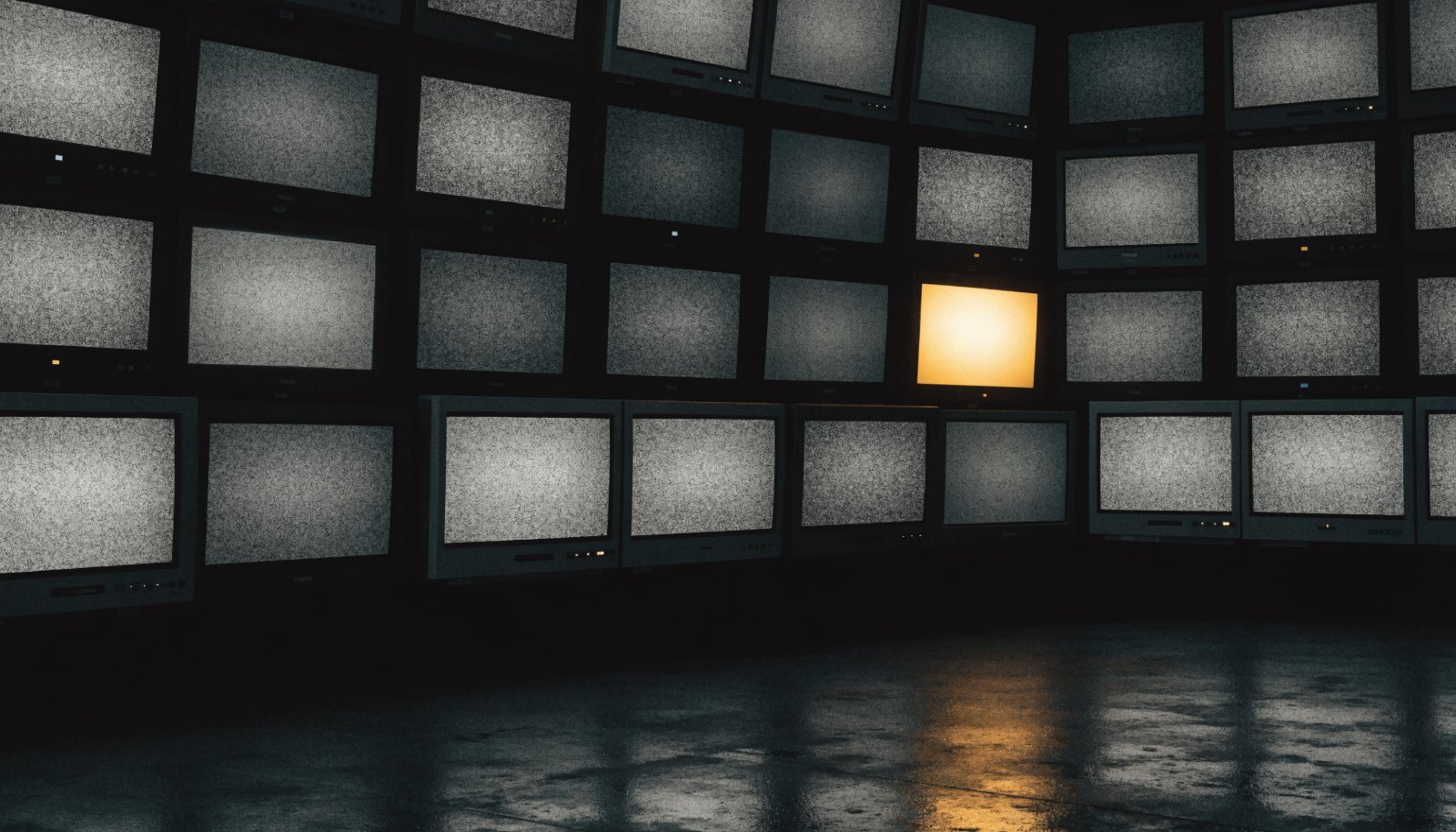 A wall of televisions showing static, one screen still glowing