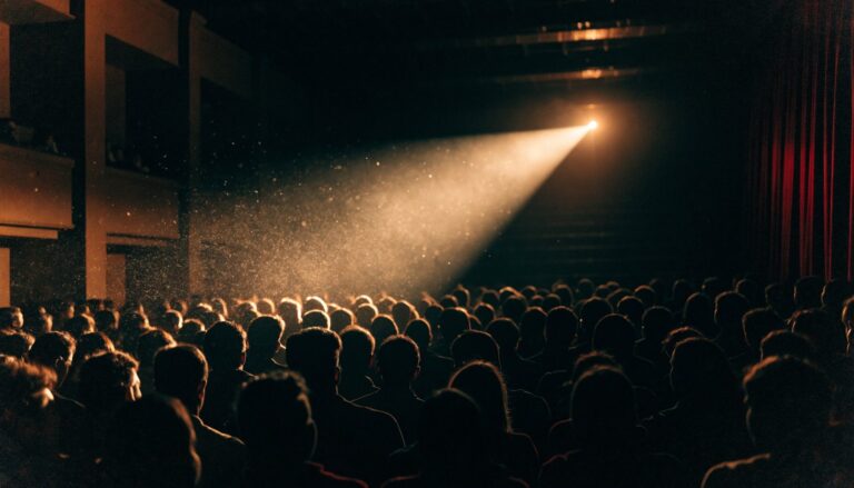 A packed cinema auditorium lit by the projector beam