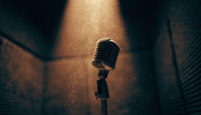 A lone studio microphone in an empty recording booth