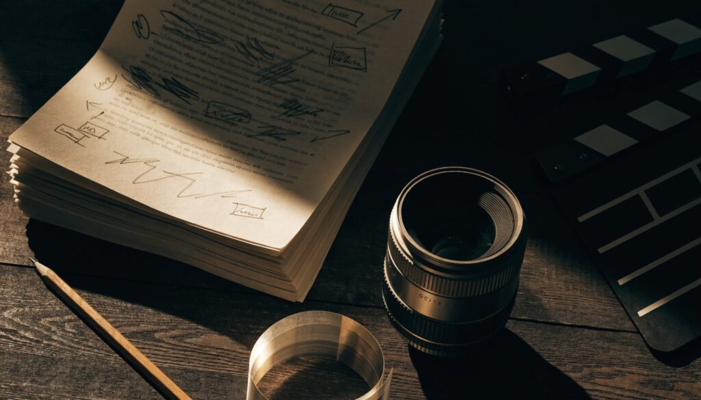 A marked-up screenplay, clapperboard and lens on a dark table