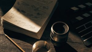 A marked-up screenplay, clapperboard and lens on a dark table