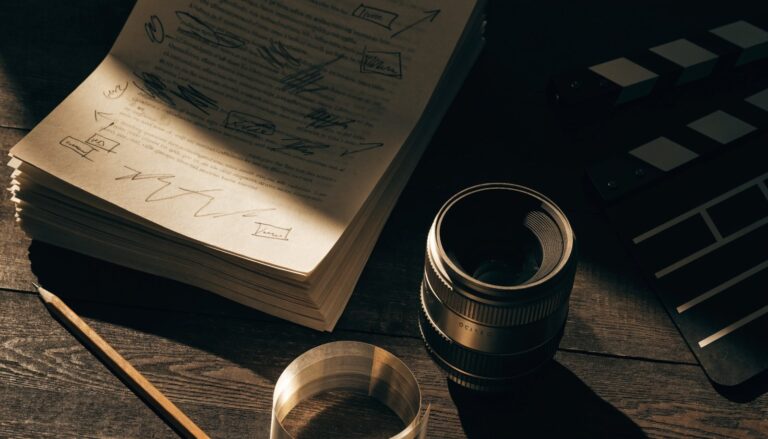 A marked-up screenplay, clapperboard and lens on a dark table