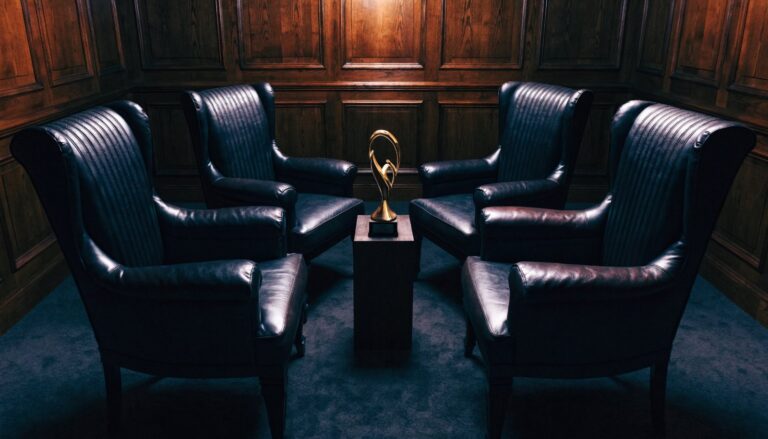 Four empty jury chairs facing away from a single gold trophy