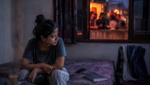 A young woman sits alone on her bed at dusk while friends talk on a lit terrace outside her window
