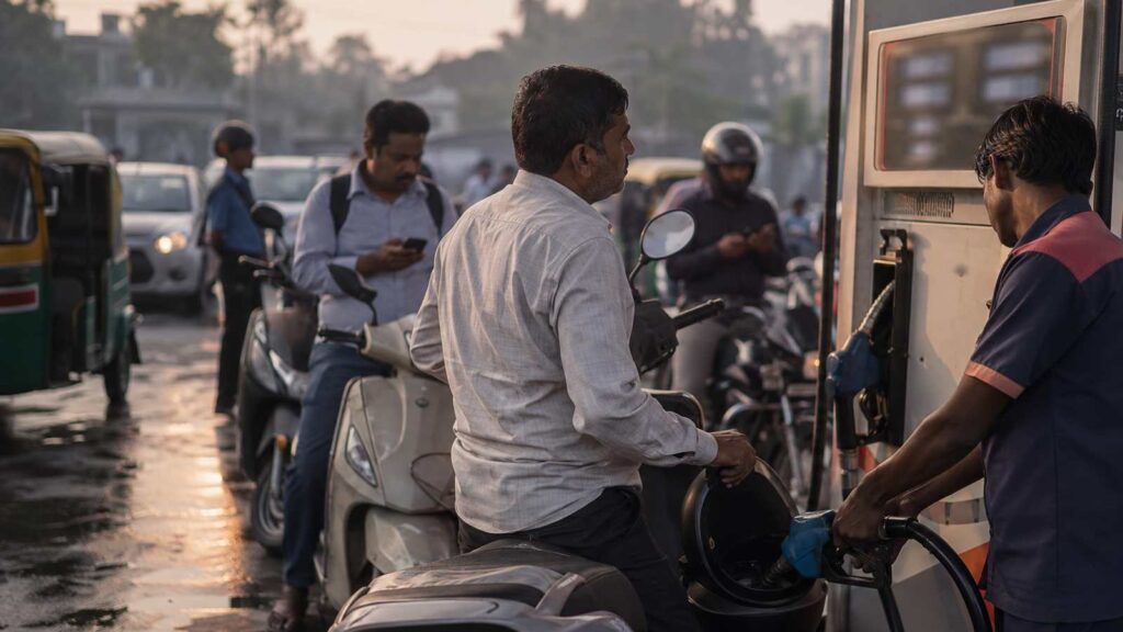 A rider on a scooter watches the fuel nozzle as an attendant fills his tank at a crowded petrol pump at sunrise