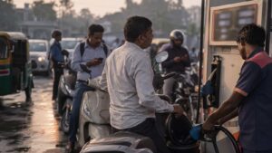 A rider on a scooter watches the fuel nozzle as an attendant fills his tank at a crowded petrol pump at sunrise