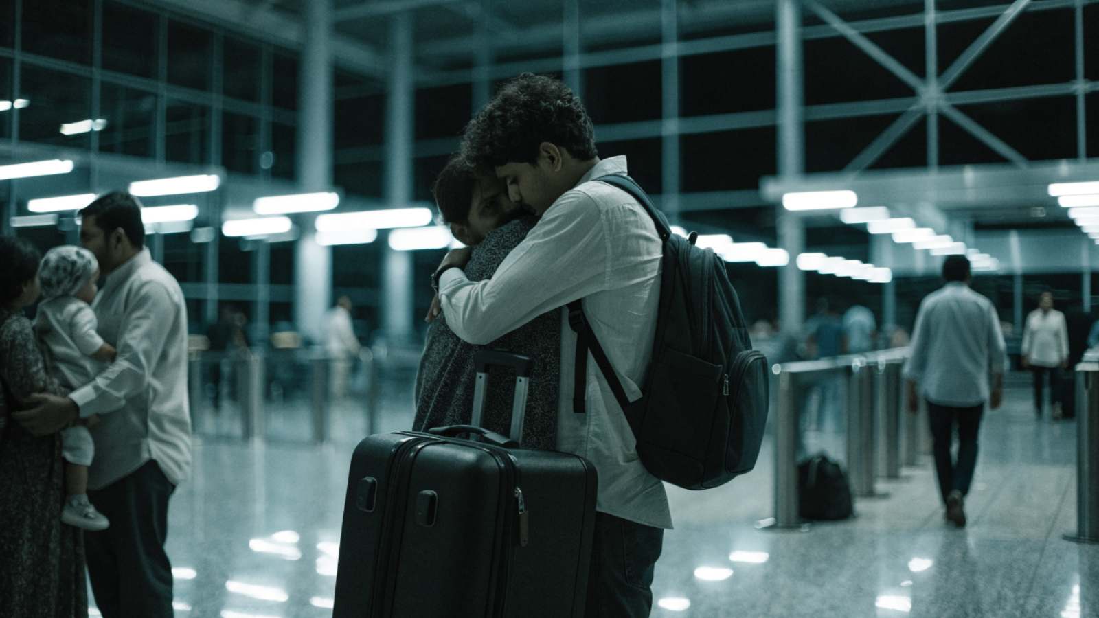 A student with luggage saying goodbye to a parent at an Indian airport departure hall