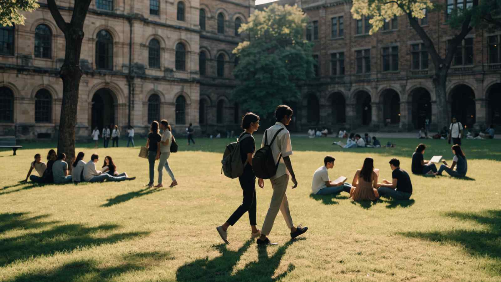 Students crossing a green campus between stone academic buildings in late light