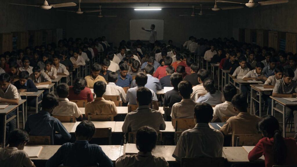Students filling a crowded entrance-exam coaching classroom in India