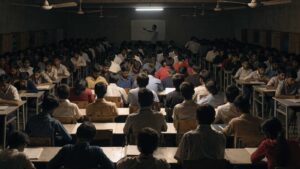 Students filling a crowded entrance-exam coaching classroom in India