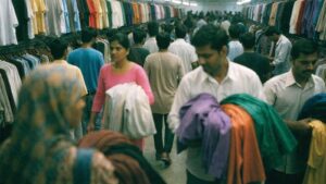 Shoppers pushing through dense racks of clothing in a busy Indian value-fashion store