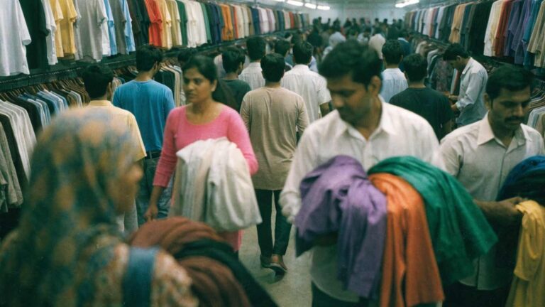 Shoppers pushing through dense racks of clothing in a busy Indian value-fashion store