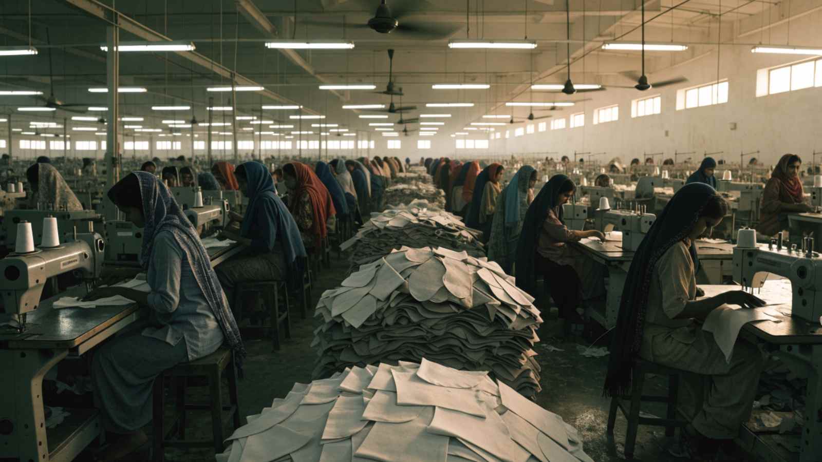 Long rows of industrial sewing machines with women workers stitching