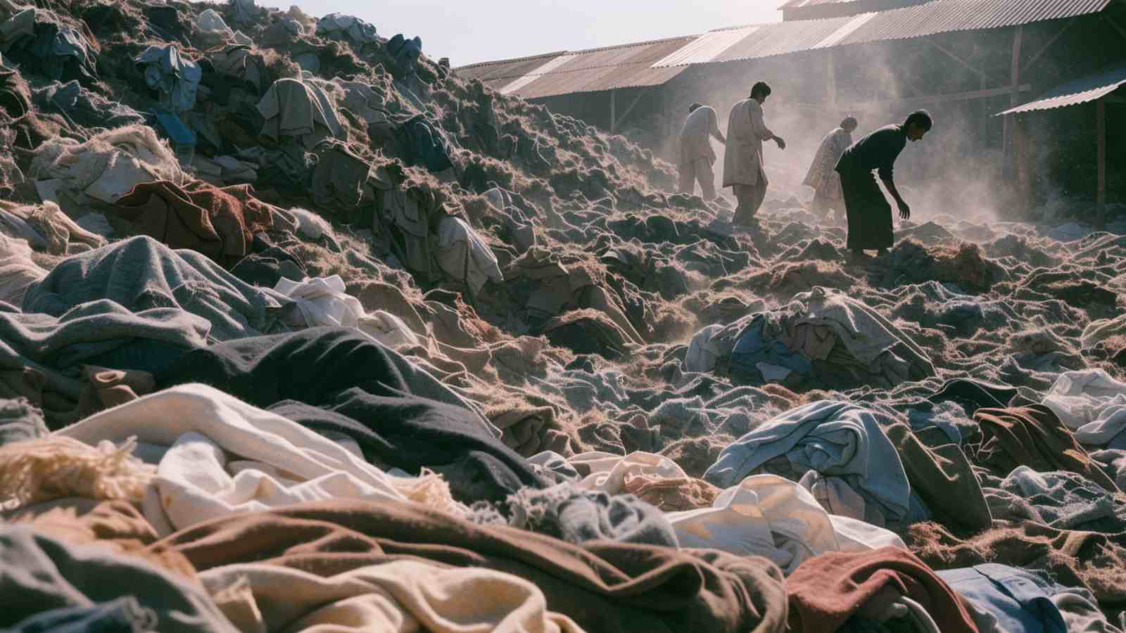 Workers picking through an enormous pile of textile offcuts at a sorting yard