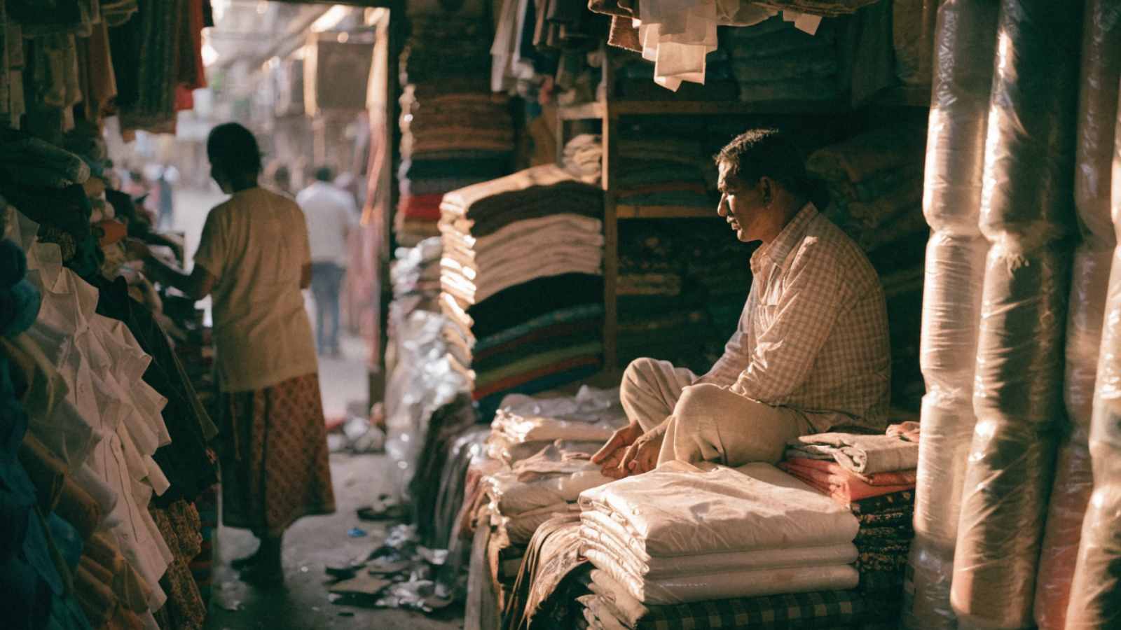 A shopkeeper sitting among stacked bolts of fabric in a small Indian clothing shop