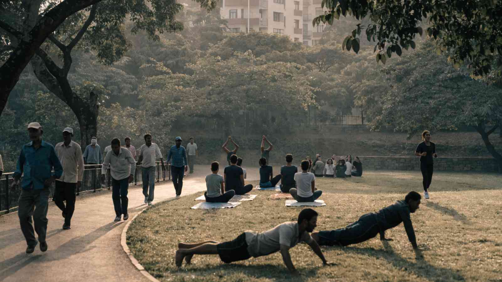 People doing yoga, walking and running in an Indian city park in early morning light