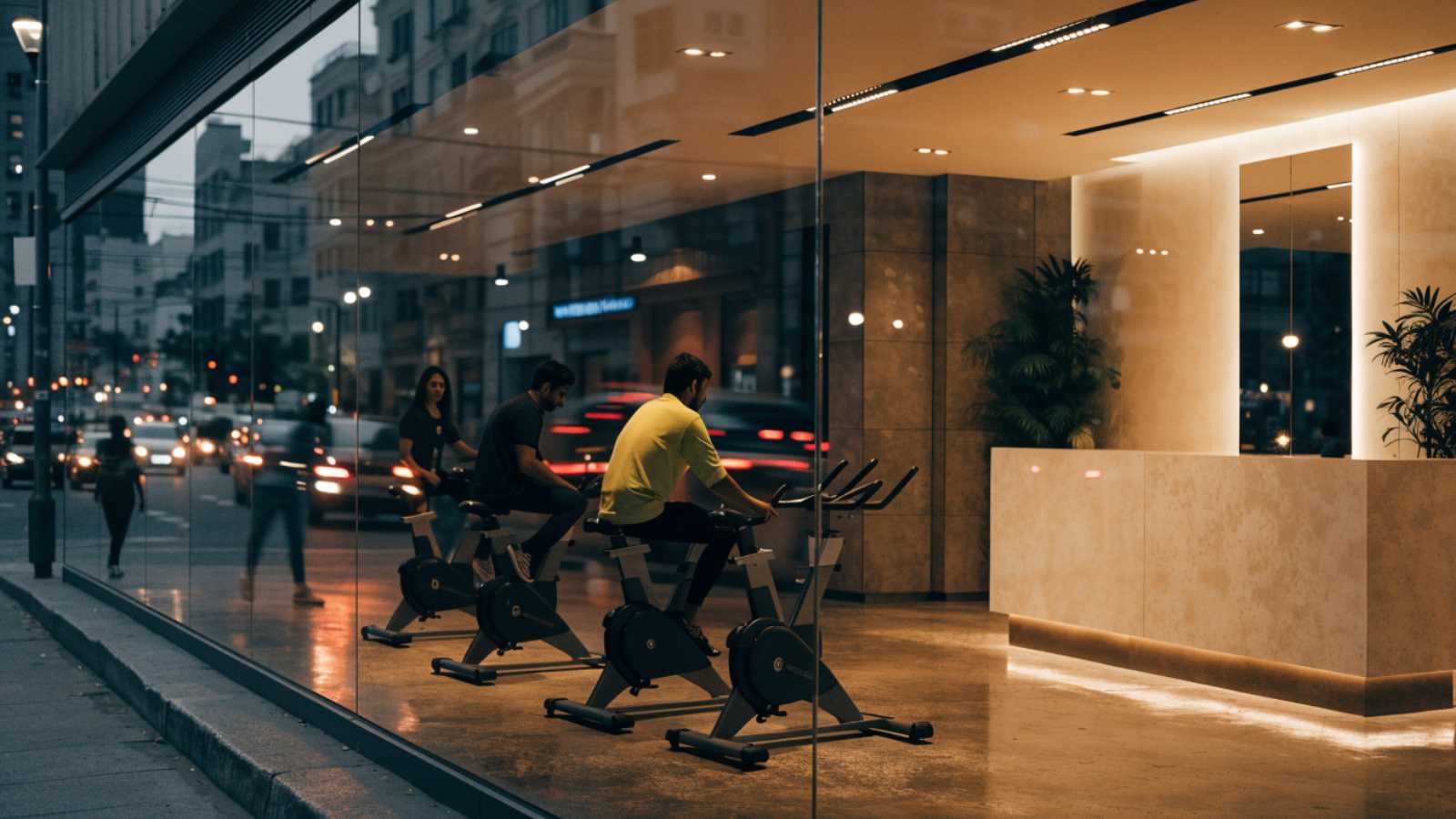 A glass-fronted premium fitness studio lit up at night in an Indian metro