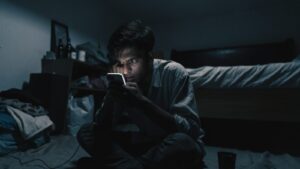 A young man on the floor of a dark room lit only by his phone screen