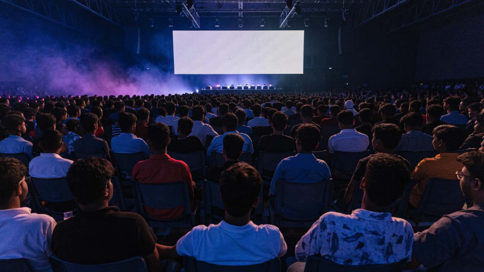 A packed dark arena facing a lit stage where players sit at gaming stations