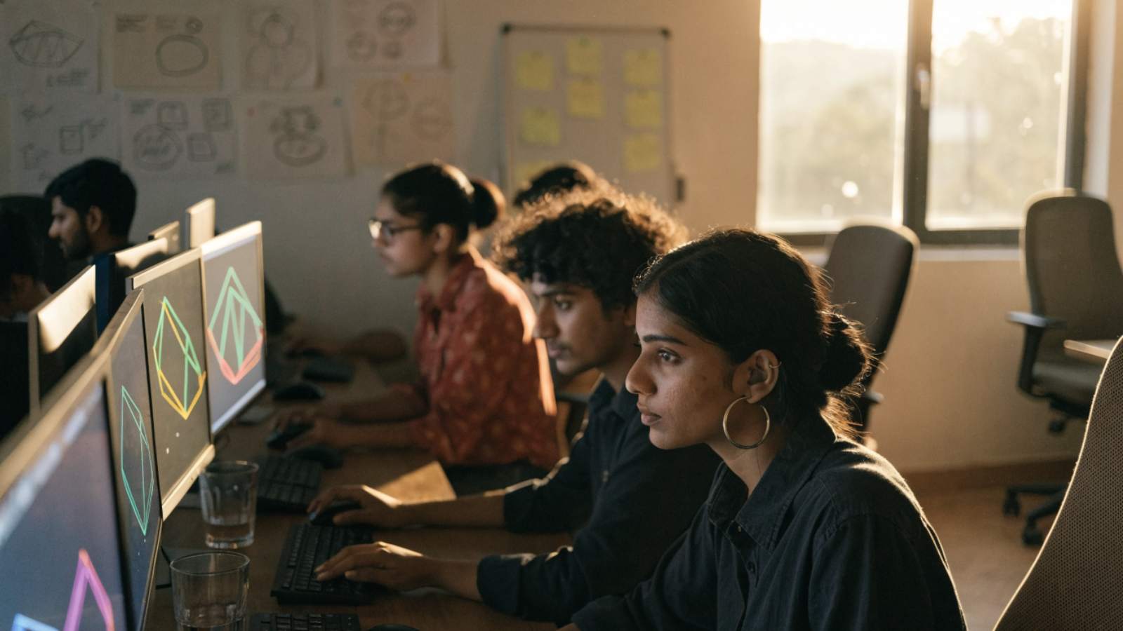 Developers at desks with 3D wireframes on screens and concept art on the wall