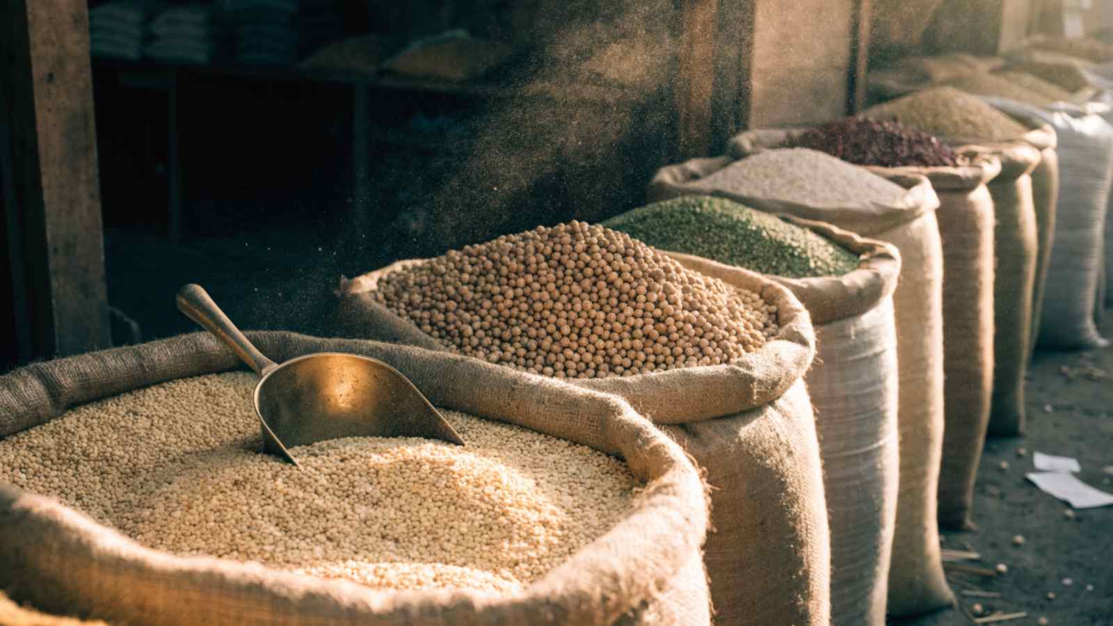 Open jute sacks of toor dal, chana, moong and rajma at a market