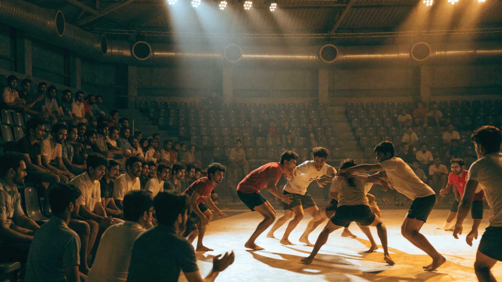 Two kabaddi teams mid-raid on a floodlit mat with spectators in the stands