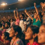 Thousands of spectators including families and young girls cheering at a women’s international in India