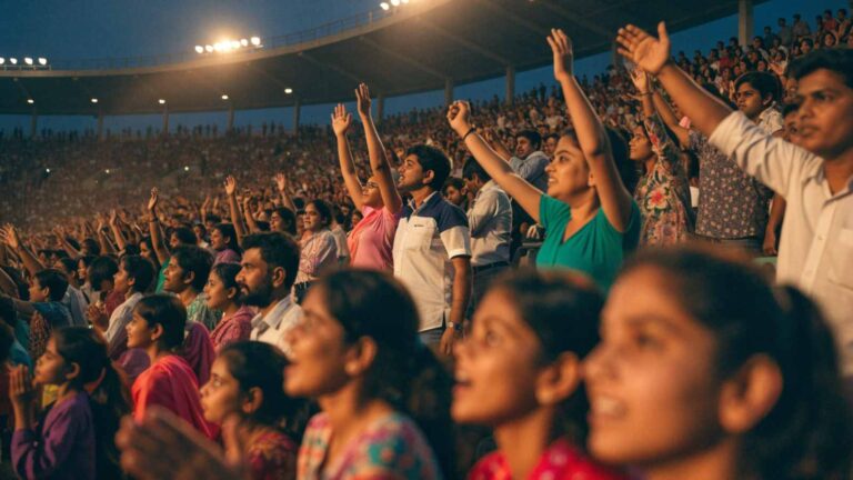 Thousands of spectators including families and young girls cheering at a women’s international in India
