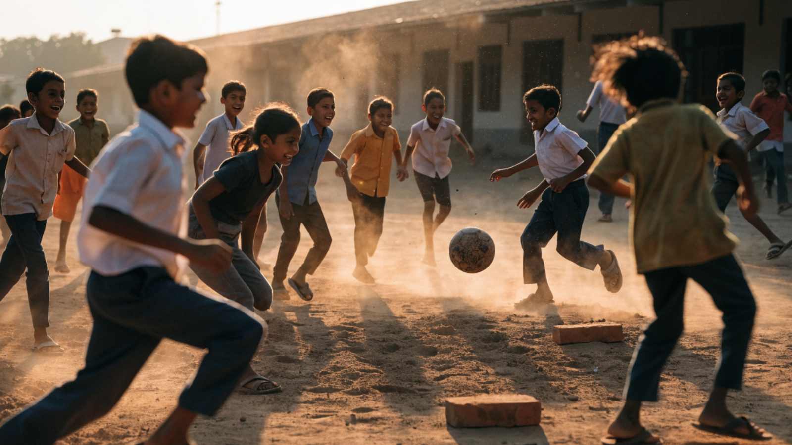 Indian schoolchildren playing an improvised game on a dusty ground at golden hour