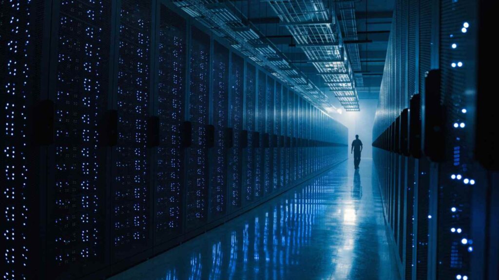 Long rows of server racks with indicator lights receding into the distance
