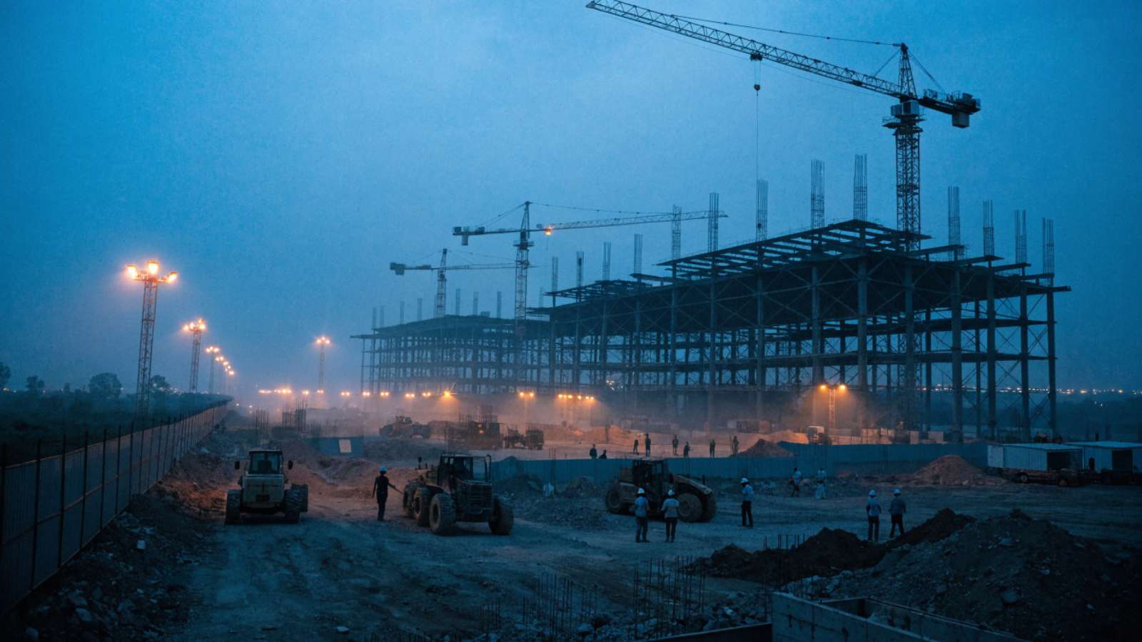 Steel frame, tower cranes and floodlights at a large Indian construction site