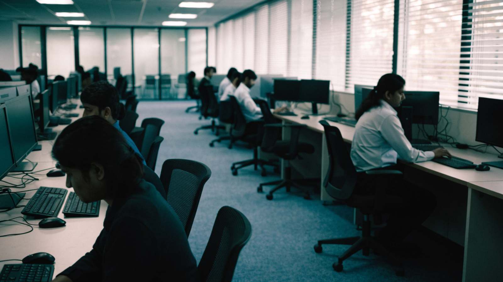 Rows of desks with dual monitors, about half the seats empty, in an Indian office