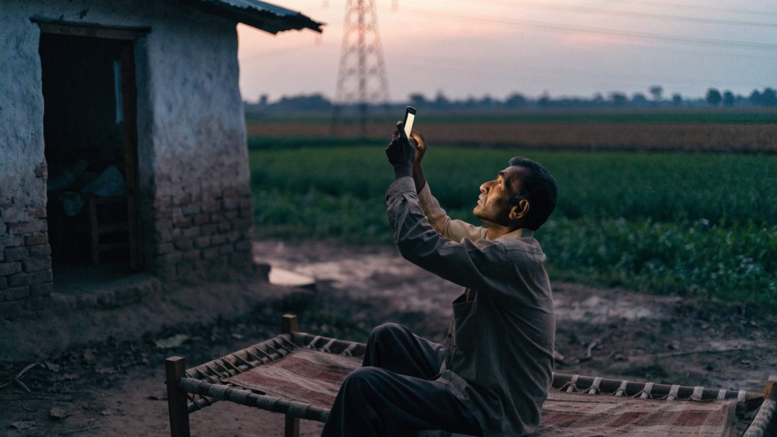 A man on a charpai outside a rural house holding up a phone to find network